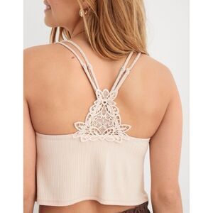 NWT AERIE RIBBED APPLIQUE LACE LONGLINE BRALETTE Brown Womens Size XS